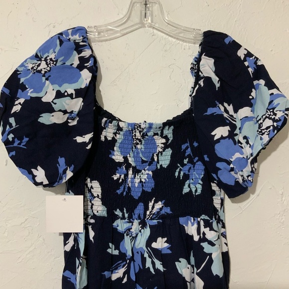 Ellen Tracy Floral Midi Dress with Side Slit and Puff Sleeve Blue Large Blue - Picture 10 of 13